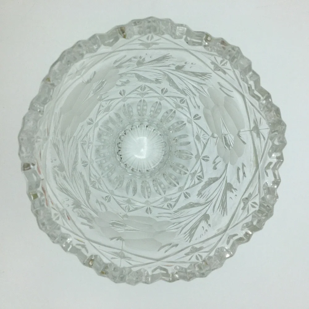 American Brilliant Cut Glass Vase Etched Rose Flowers Diamond Points 7